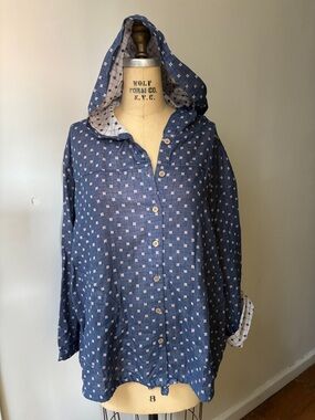 Women's Blue Hooded Button-Front Shirt XL